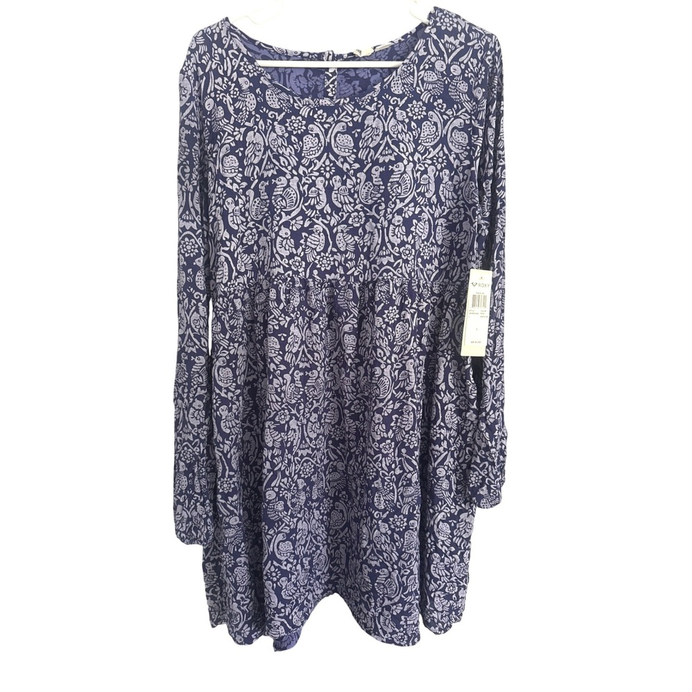 Roxy Traveler Womens Dress Large Blue Print Long Sleeve Casual Mini NWT